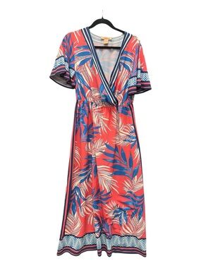 Flying Tomato Coral Maxi Wrap Dress with Blue and Cream Leaf Print